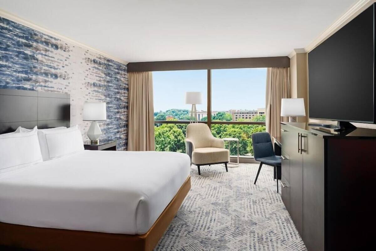 A hotel room with a large bed, a desk, a chair, a TV, and a view of greenery through the window.