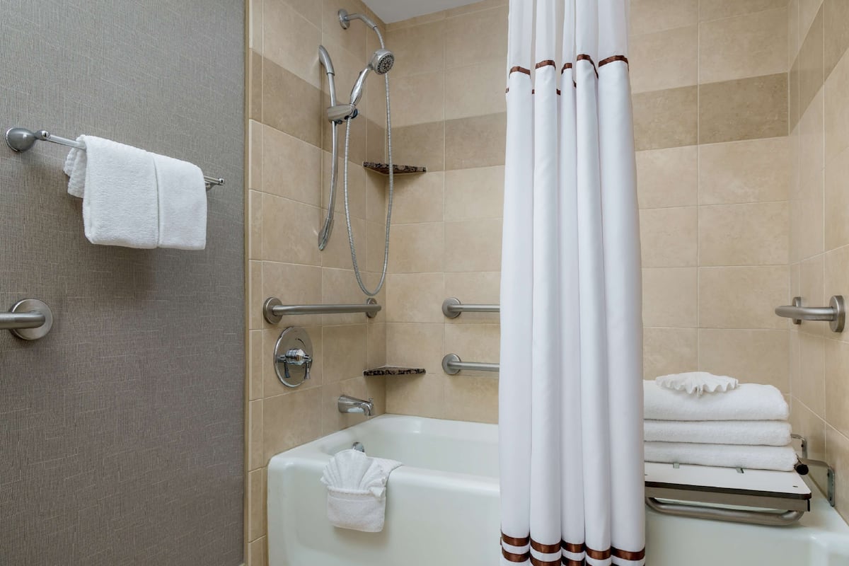 Combined shower/bathtub, eco-friendly toiletries, hair dryer, towels