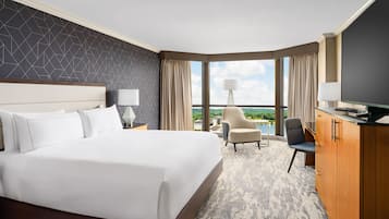Habitación de hotel con una cama grande, un escritorio, una silla, un televisor y vistas al exterior.