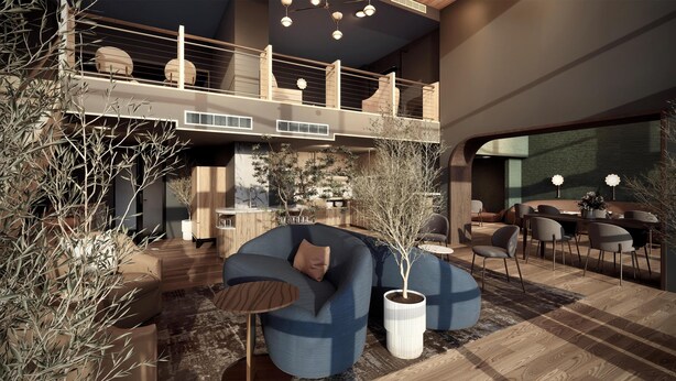A modern interior with a seating area, a kitchen, and a dining space. - Hilton Charlotte University Place (Charlotte)