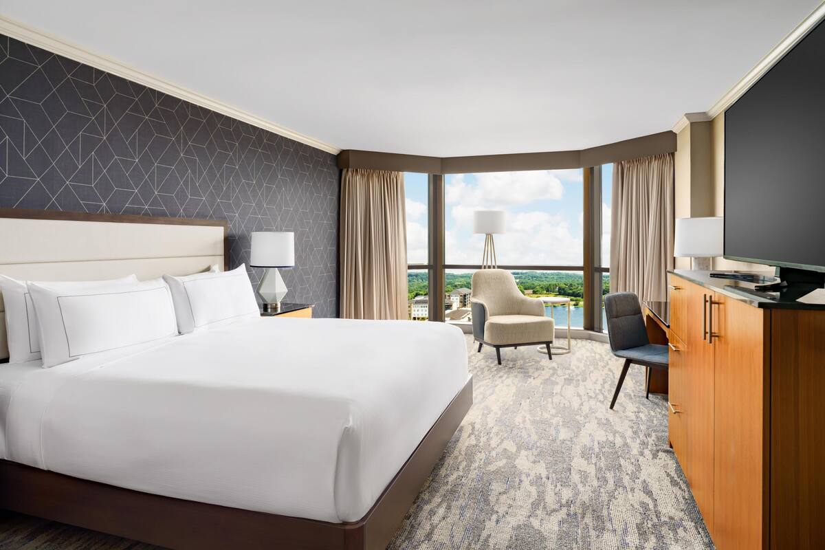 A hotel room with a large bed, a desk, a chair, a TV, and a view of the city.