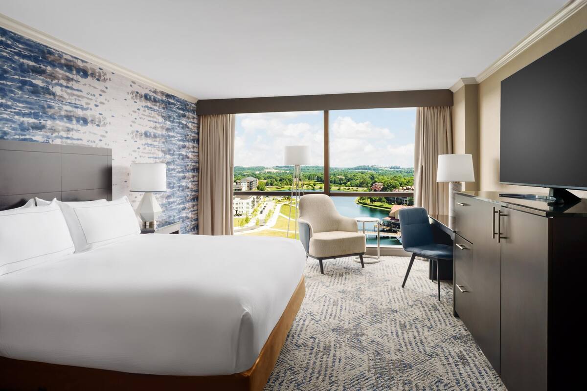 A hotel room with a large bed, a desk, a chair, a TV, and a view of a cityscape and greenery.