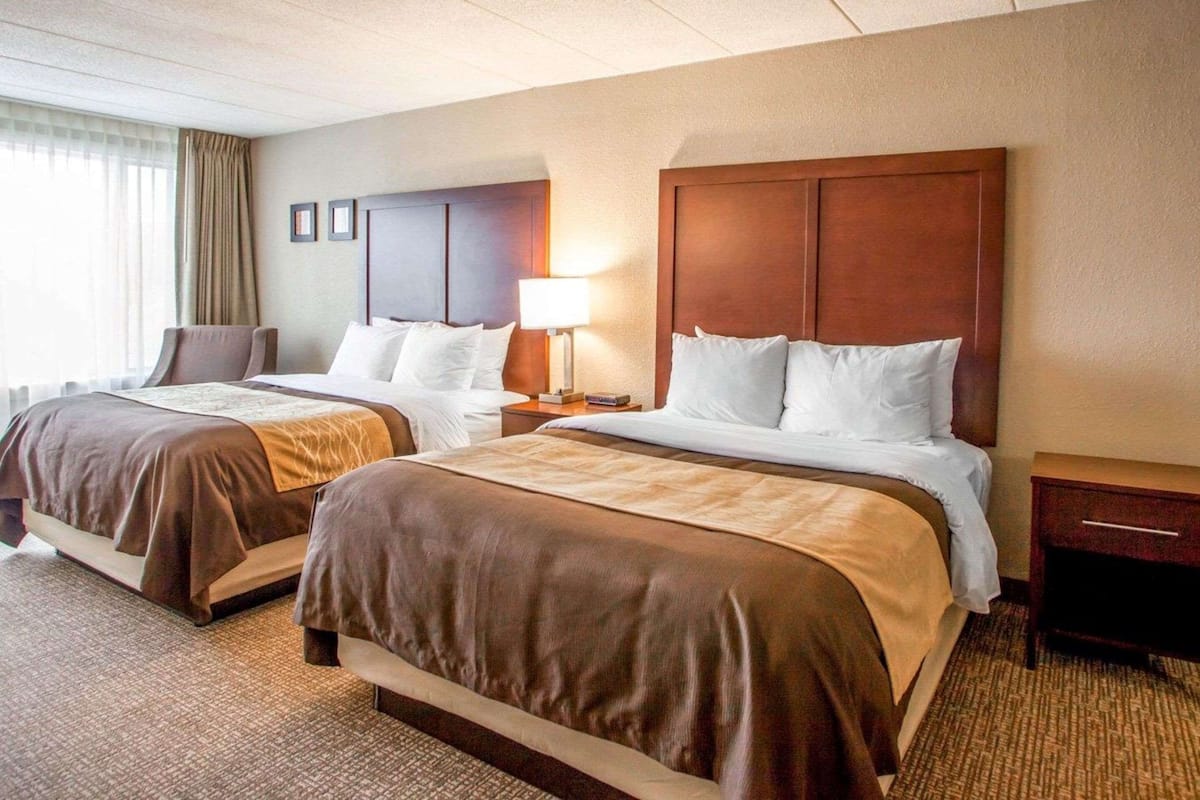 A hotel room with two beds, a nightstand, a lamp, and a window with curtains.