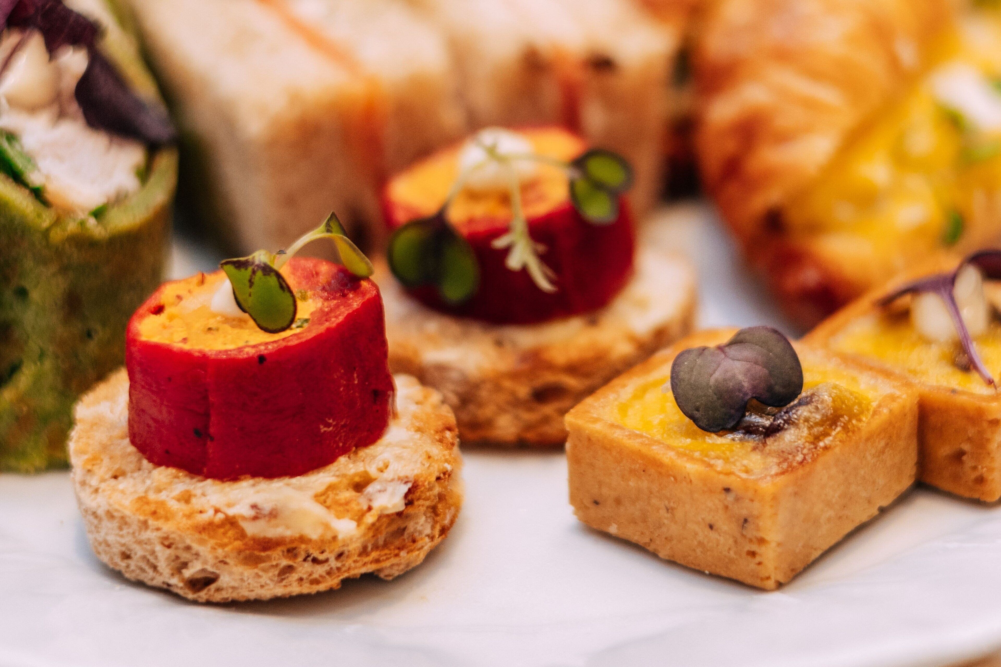 Une variété de petites pâtisseries carrées présentées sur une assiette blanche, chacune étant garnie d’ingrédients et d’éléments décoratifs différents.