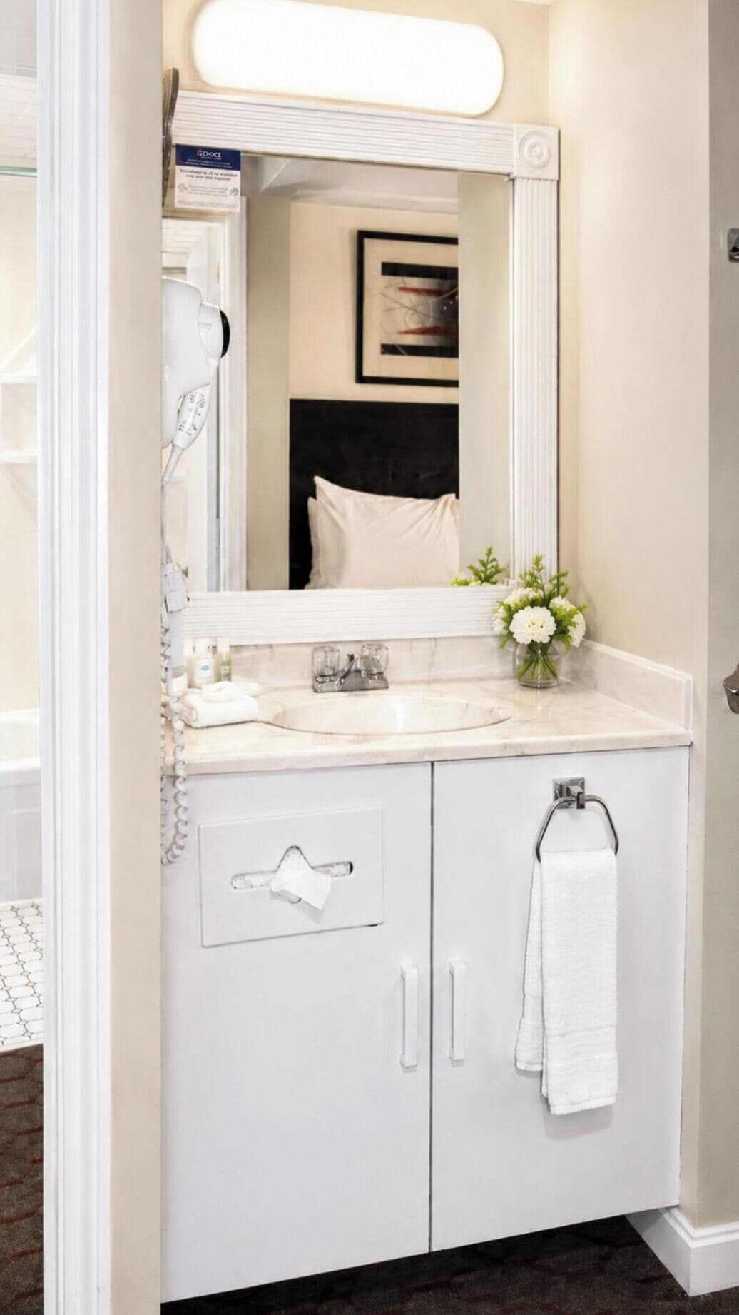 A bathroom with a white vanity, a mirror, a sink, a towel rack, and a framed picture on the wall.