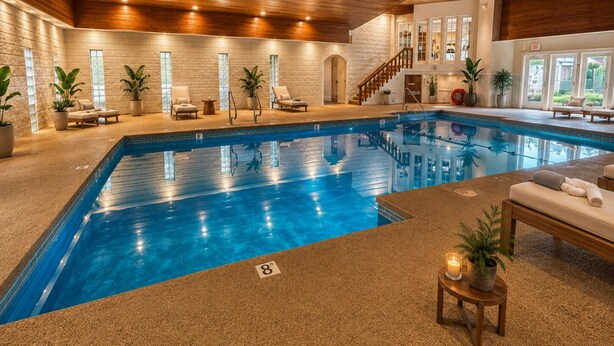 An indoor swimming pool with a wooden ceiling, lounge chairs, and potted plants. - Clarion Hotel & Conference Center Lewiston (Lewiston)