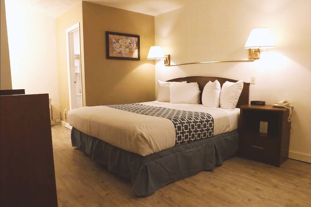 A hotel room with a large bed, two bedside lamps, a nightstand, and a framed picture on the wall.