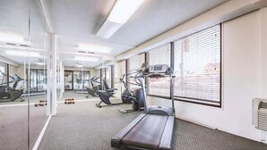Ein Fitnessraum mit Laufbändern, Crosstrainern und Gymbällen.