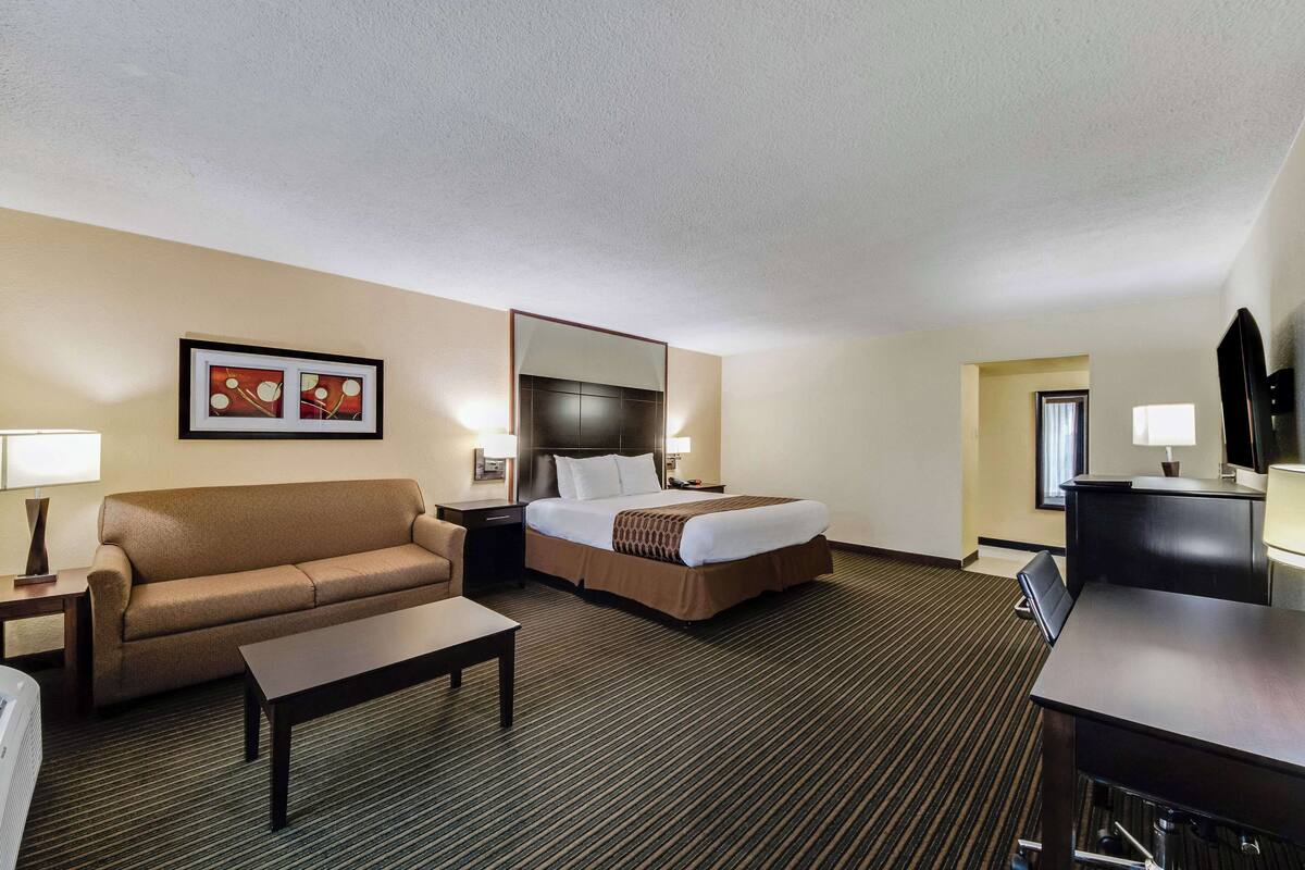 A hotel room with a bed, a sofa, a desk, and a TV.