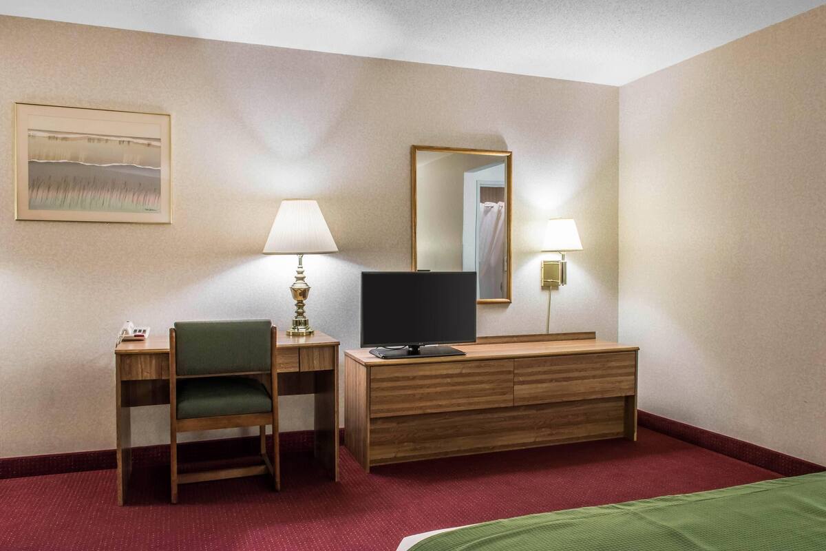 A hotel room with a desk, chair, television, and a bed.