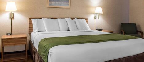 A hotel room with a neatly made bed, two bedside tables with lamps, a green throw blanket, and a framed picture on the wall.