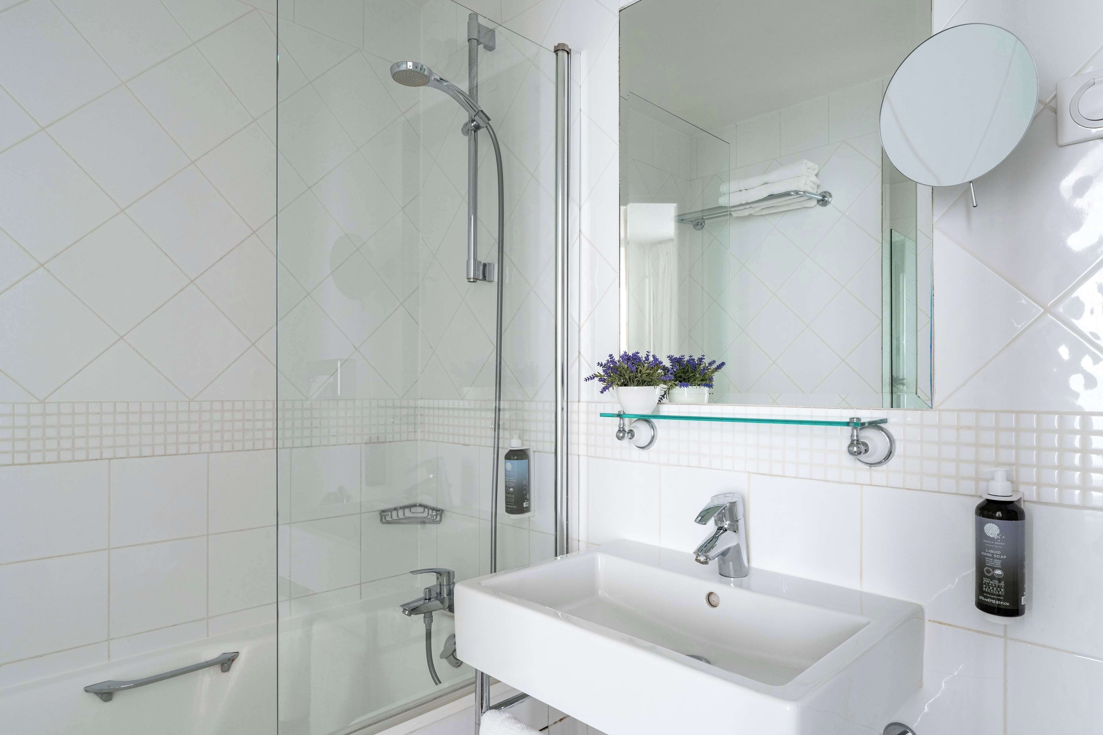 combined shower/bathtub, free toiletries, hair dryer, towels