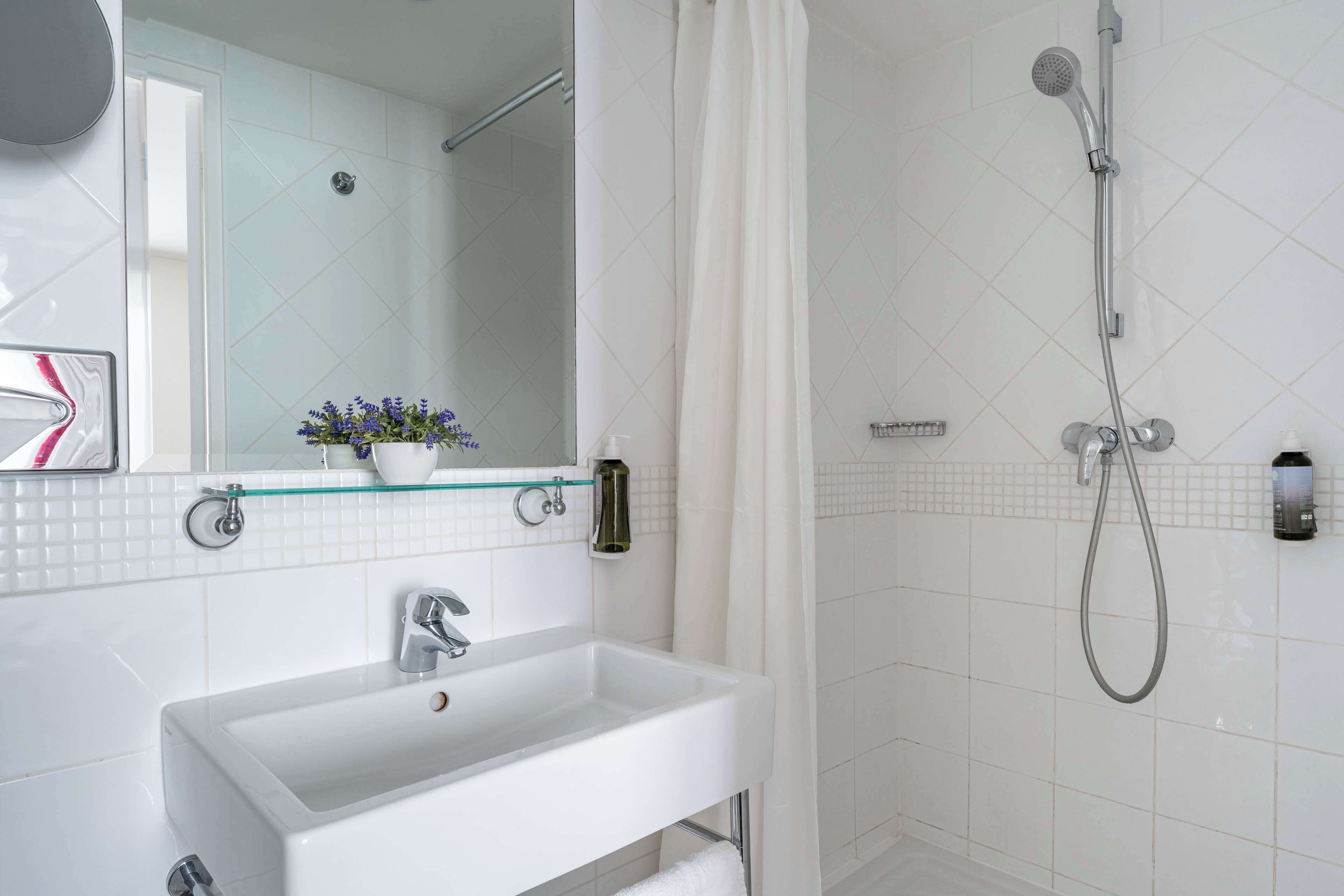 combined shower/bathtub, free toiletries, hair dryer, towels