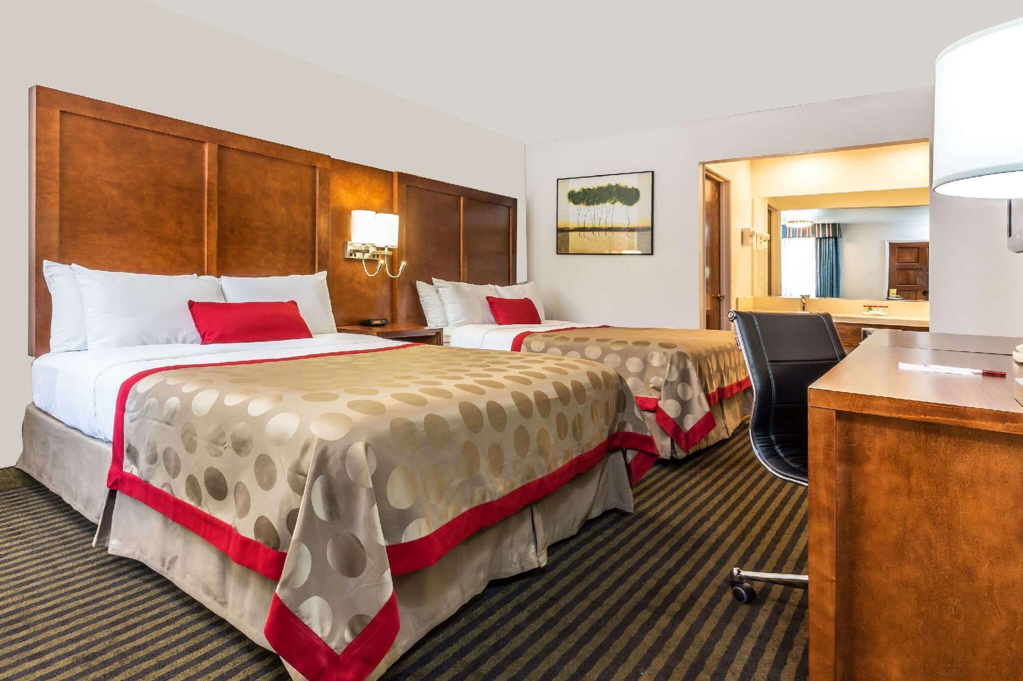 Premium bedding, desk, laptop workspace, blackout drapes