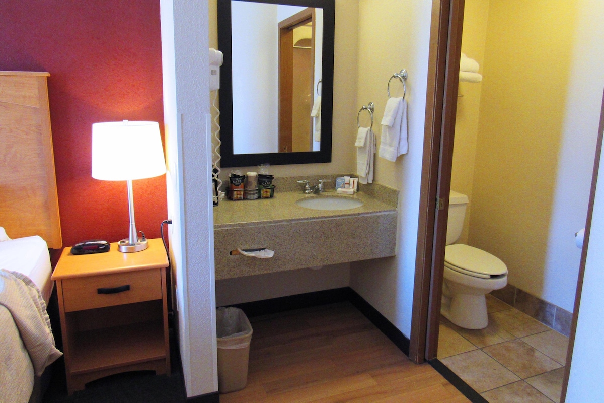 A hotel bathroom with a sink, mirror, and toilet. There is a trash can and a bedside table with a lamp.