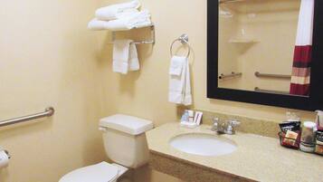 A bathroom with a toilet, sink, and mirror.
