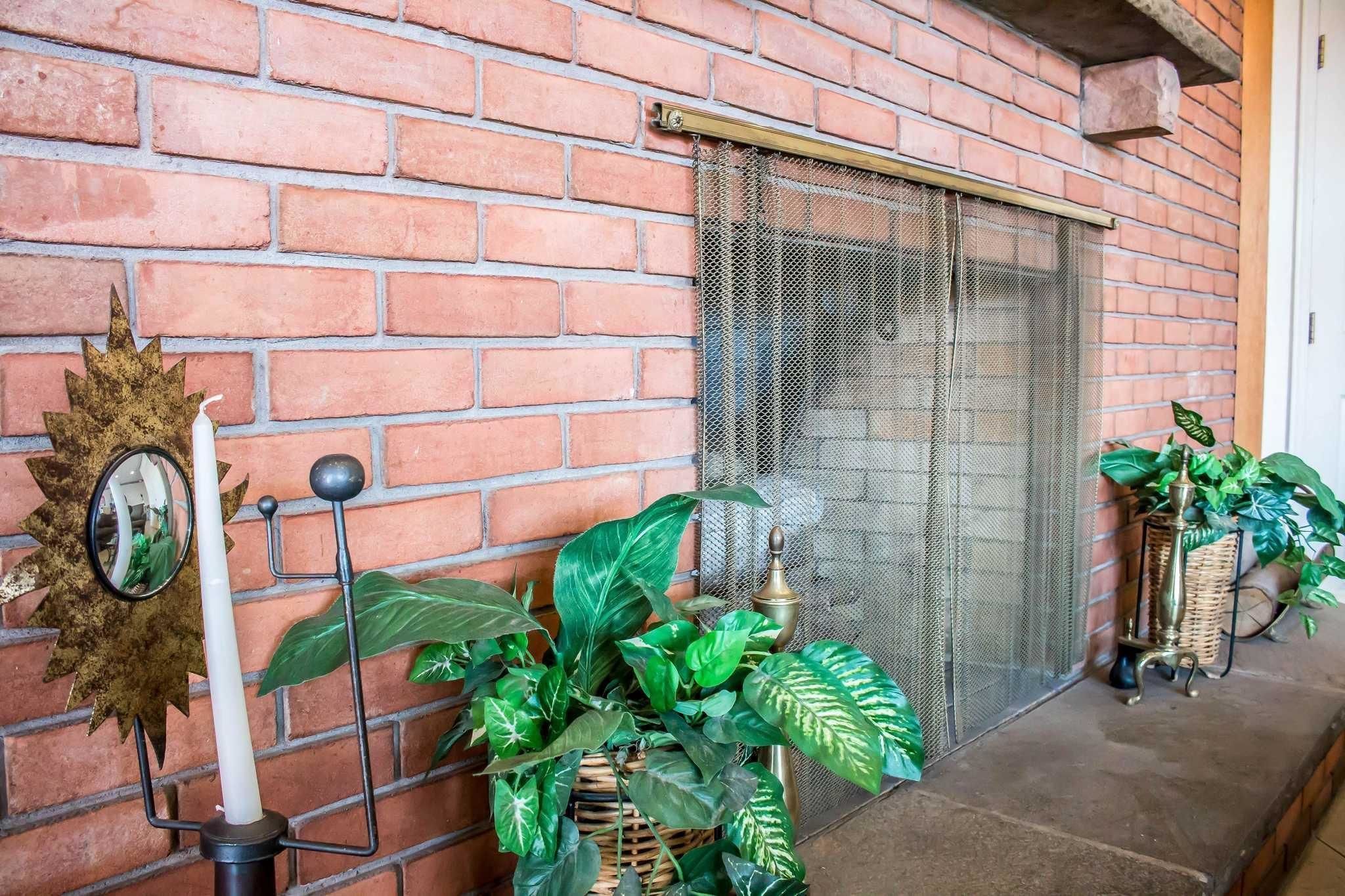 Un muro de ladrillo con una puerta metálica mosquitera, un espejo decorativo y plantas en macetas.