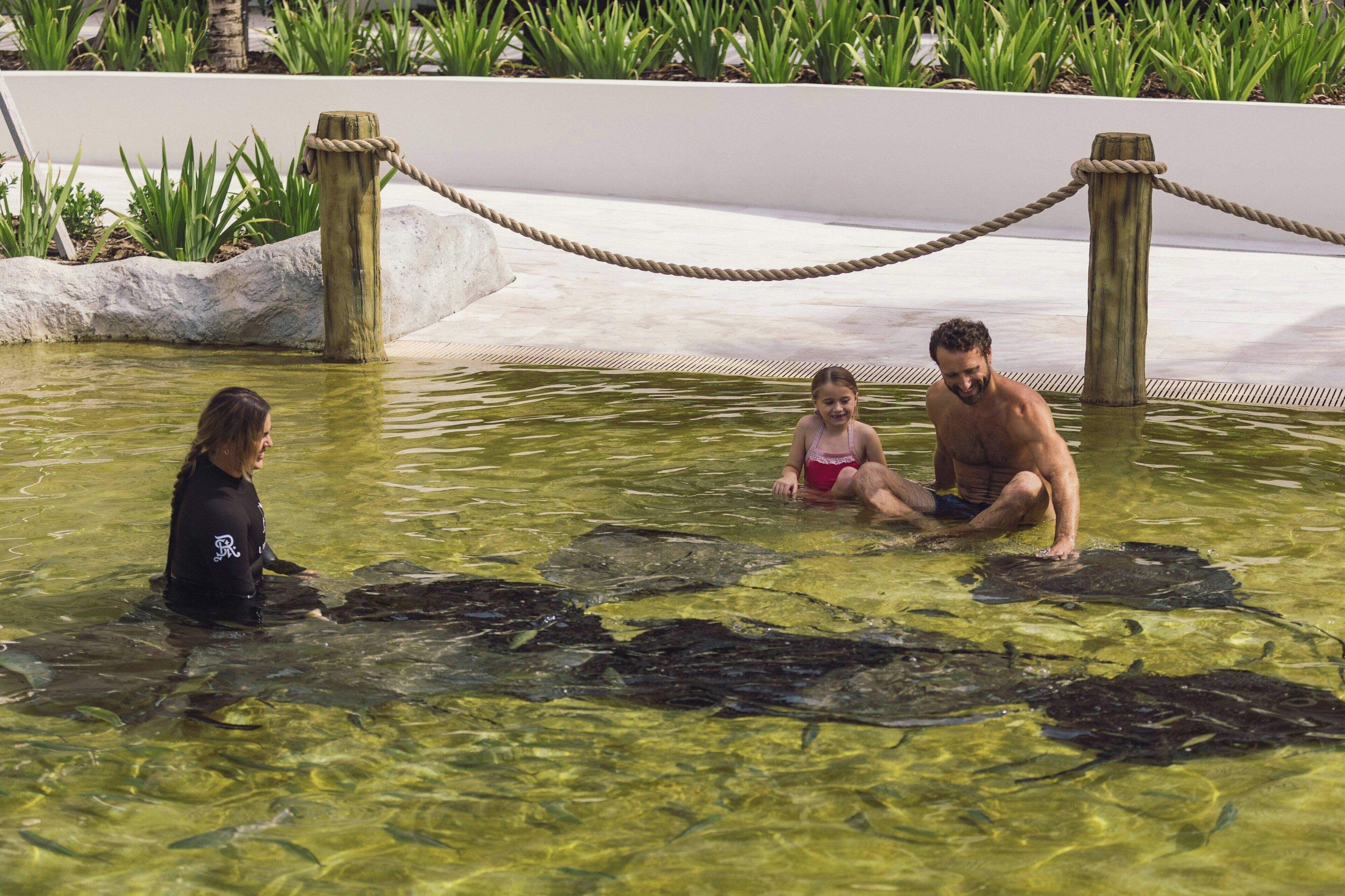A pool with clear water, surrounded by plants and ropes.
