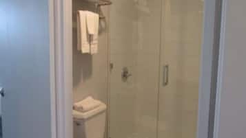 Shower, eco-friendly toiletries, hair dryer, towels