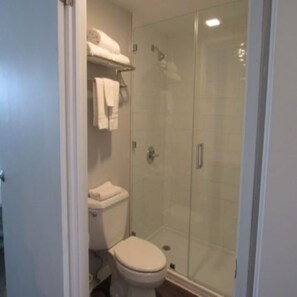 Shower, eco-friendly toiletries, hair dryer, towels