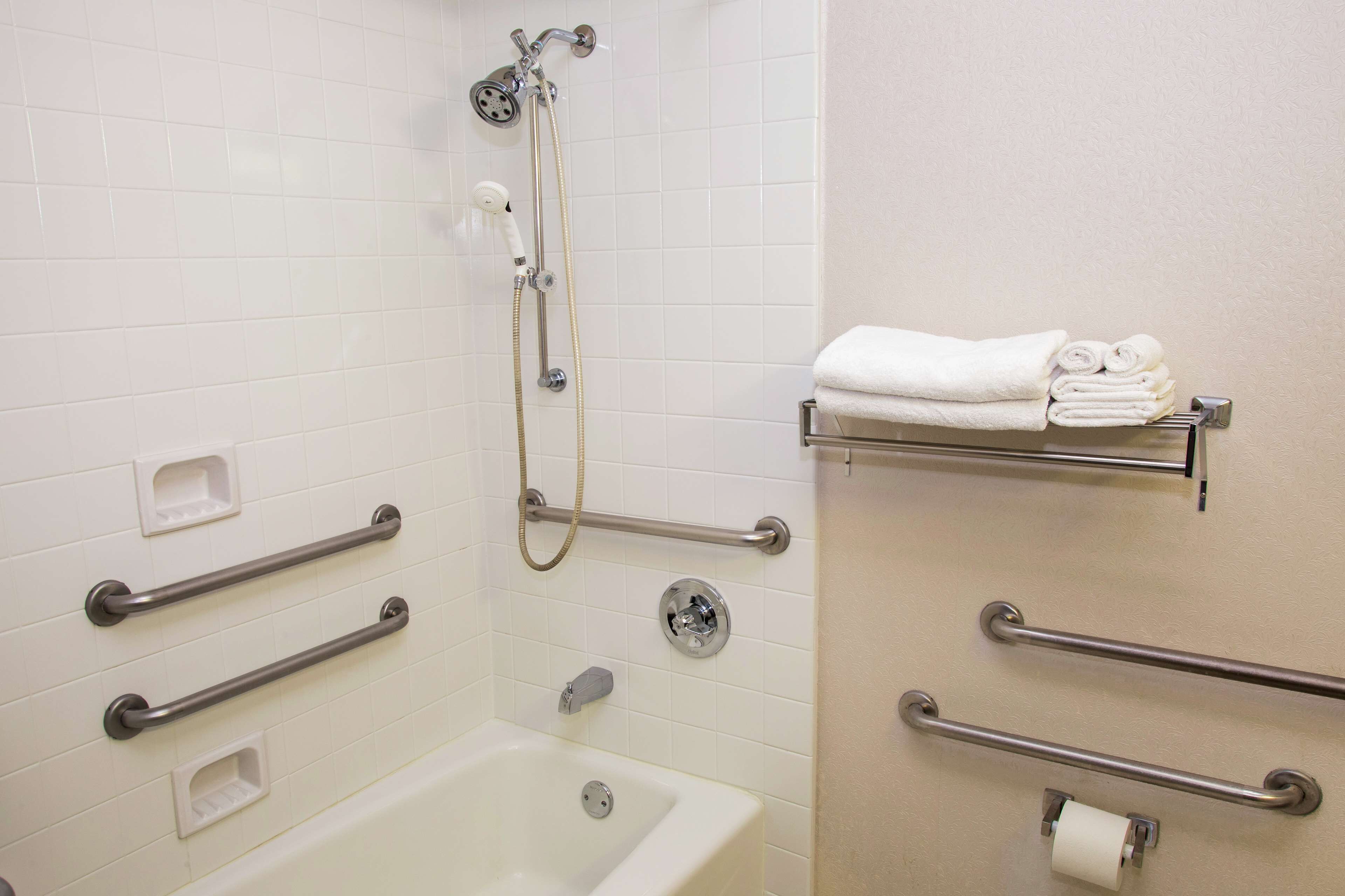 A bathroom with a bathtub, a shower, and handrails. There are also towel racks and a toilet paper holder.