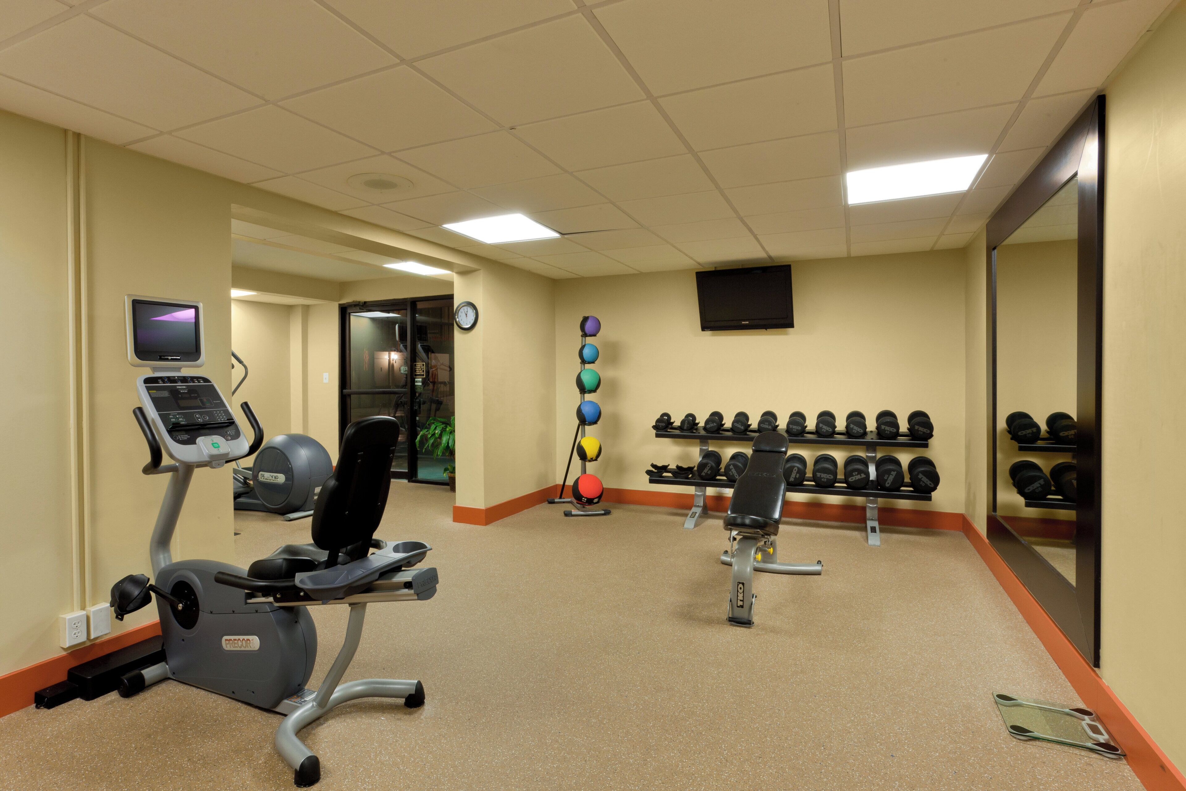 A gym with exercise equipment, a wall-mounted TV, and a mirror.