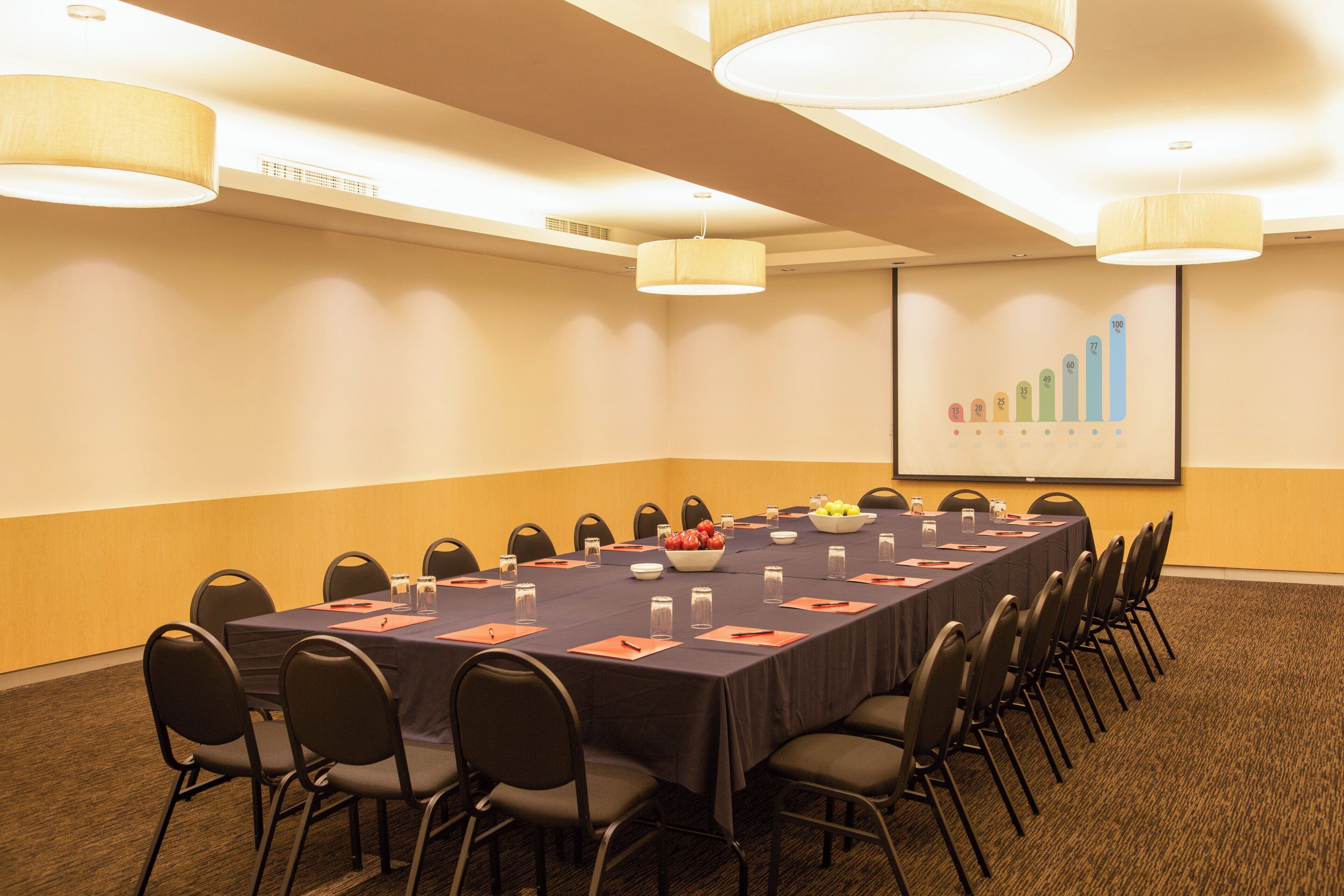 A conference room with a long table, chairs, a projector screen, and a presentation on growth metrics.