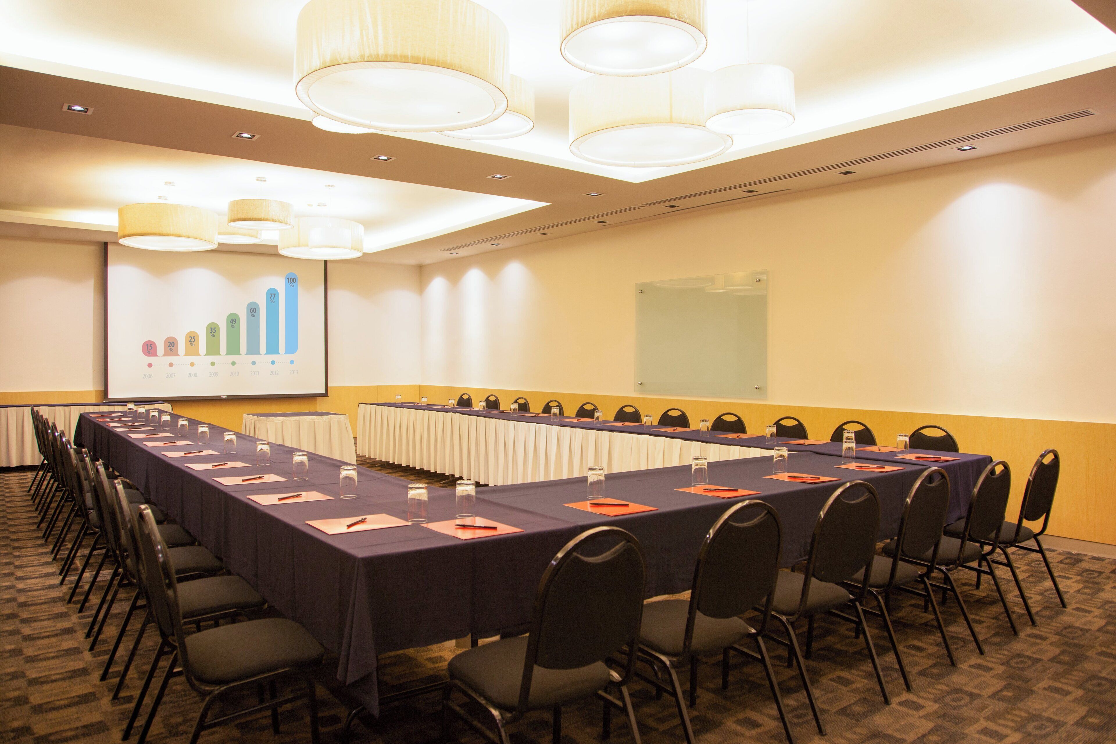 A conference room with a long table, chairs, and a presentation screen.