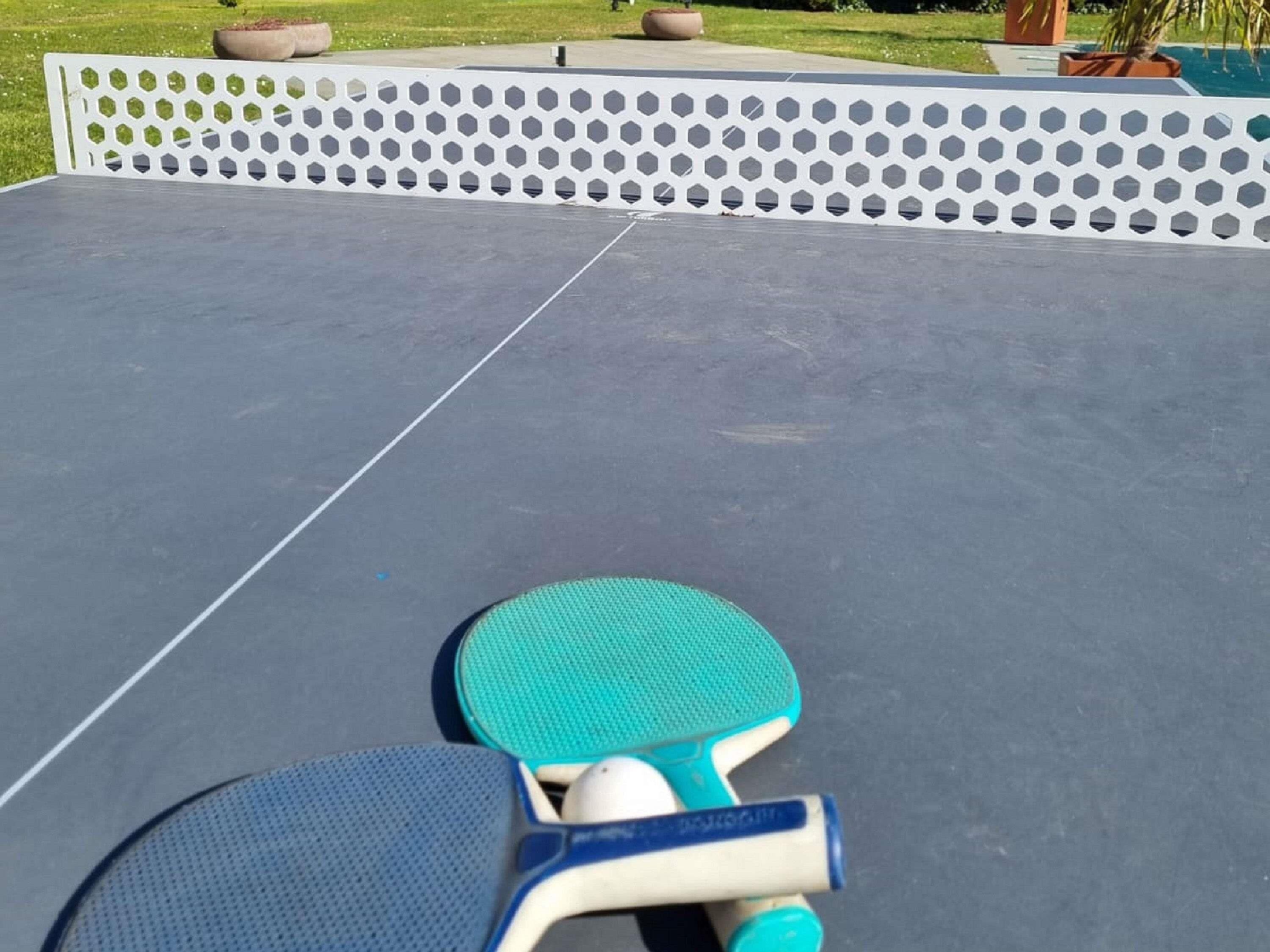 Una cancha de tenis con cerca blanca y plantas en macetas al fondo.