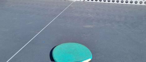 Una cancha de tenis con cerca blanca y plantas en macetas al fondo.