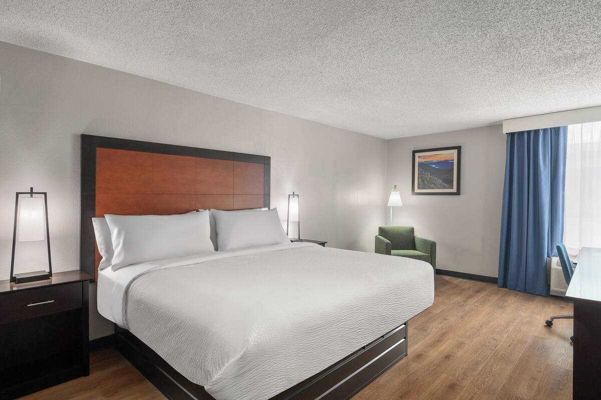 Ein Hotelzimmer mit einem großen Bett, einem Nachttisch, einem Schreibtisch, einem Sessel, einer Lampe und einem Bild an der Wand.