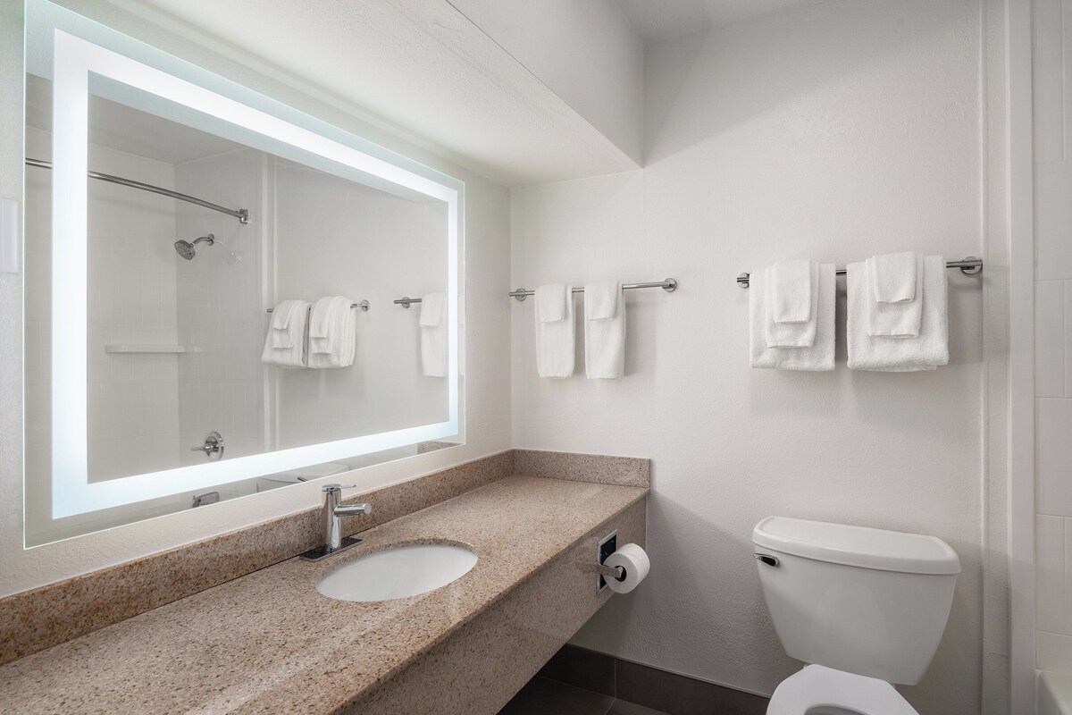 A modern bathroom with a granite countertop sink, a large mirror, a toilet, and multiple towels hanging on a rack.