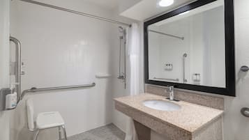 A bathroom with a white tiled shower area, a white toilet, a sink with a granite countertop, and a large mirror.