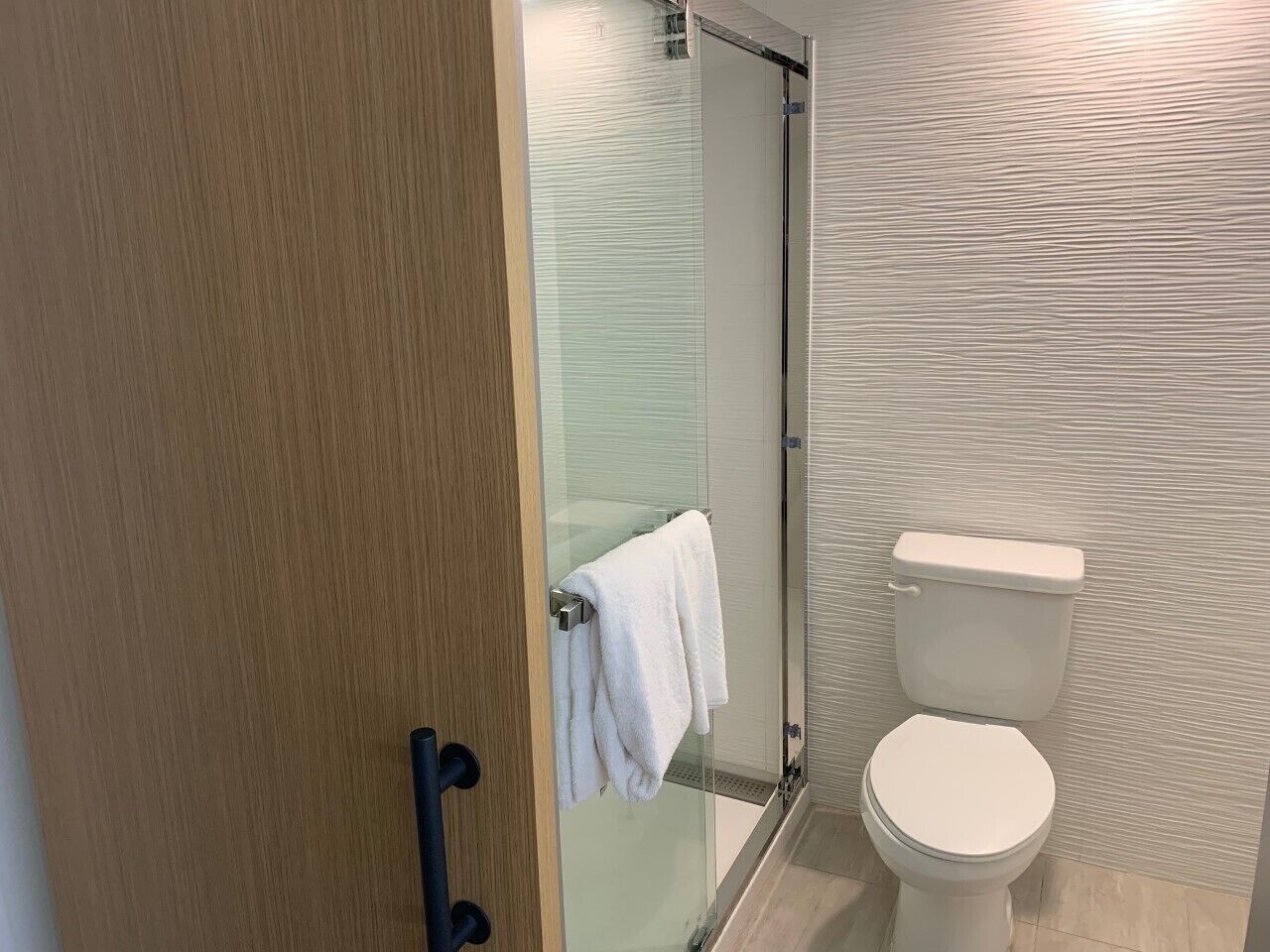A bathroom with a glass shower enclosure, a toilet, and a towel rack.