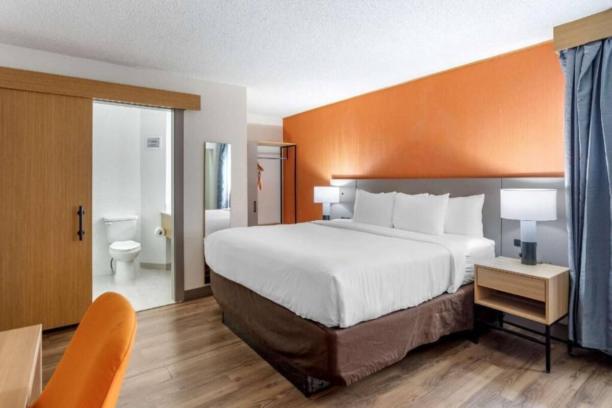 A hotel room with a bed, bedside table, and a chair.