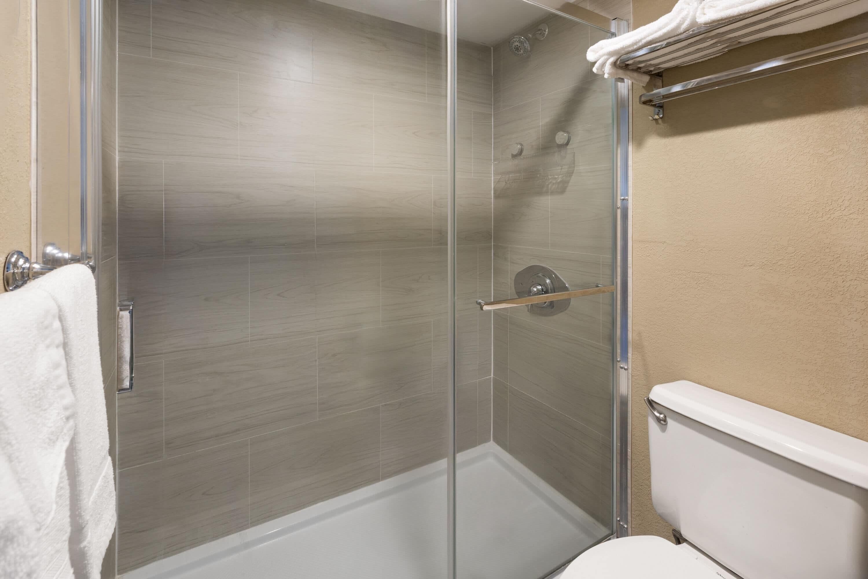 Une salle de bain avec une douche à parois de verre, des toilettes blanches et un porte-serviettes.