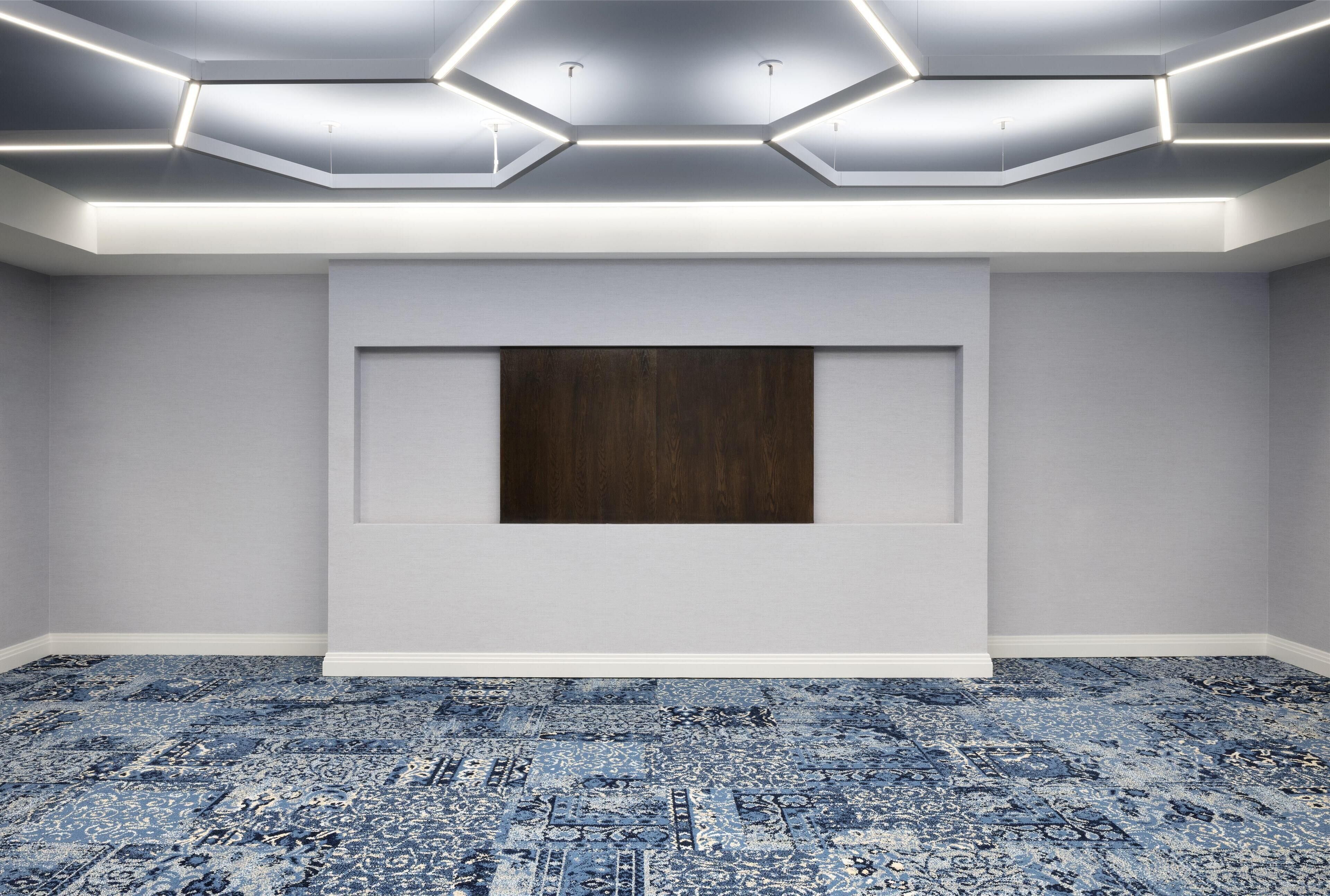 Una habitación con alfombra estampada, techo empotrado con iluminación integrada y un panel de madera oscura en la pared.