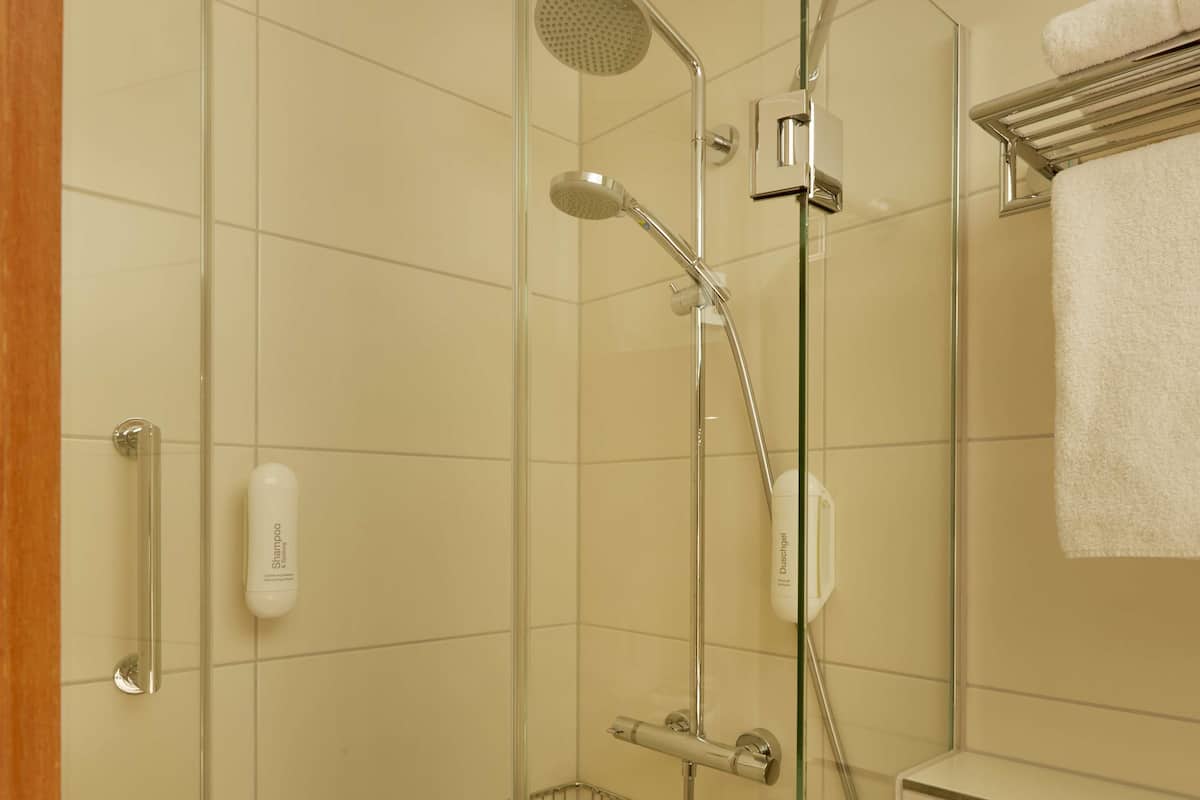 shower, eco-friendly toiletries, hair dryer, towels