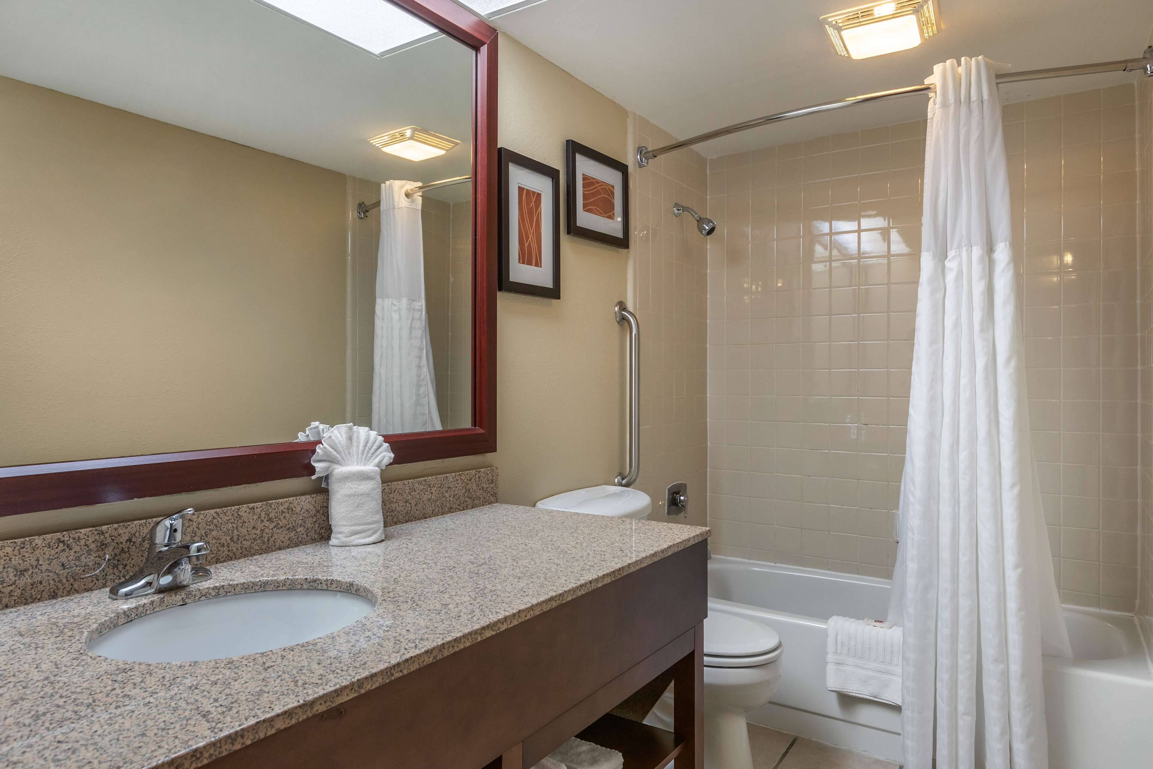 combined shower/bathtub, free toiletries, hair dryer, towels