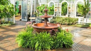 A garden with a central fountain surrounded by lush greenery and a greenhouse structure in the background. - Comfort Inn Grand Rapids Airport (Grand Rapids)