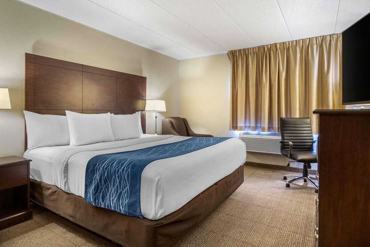 A hotel room with a large bed, a desk, a chair, and a television.