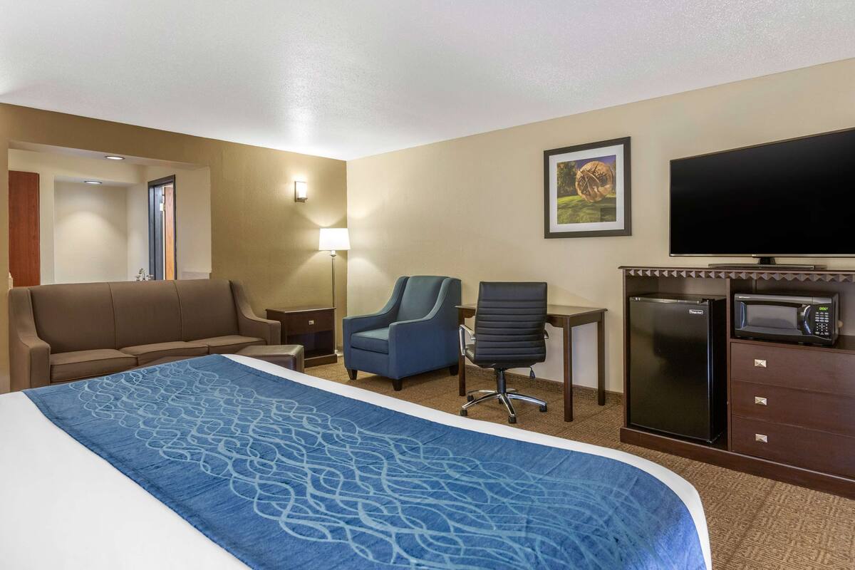 A hotel room with a large bed, a sofa, a desk with a computer, a chair, a television, and a refrigerator.