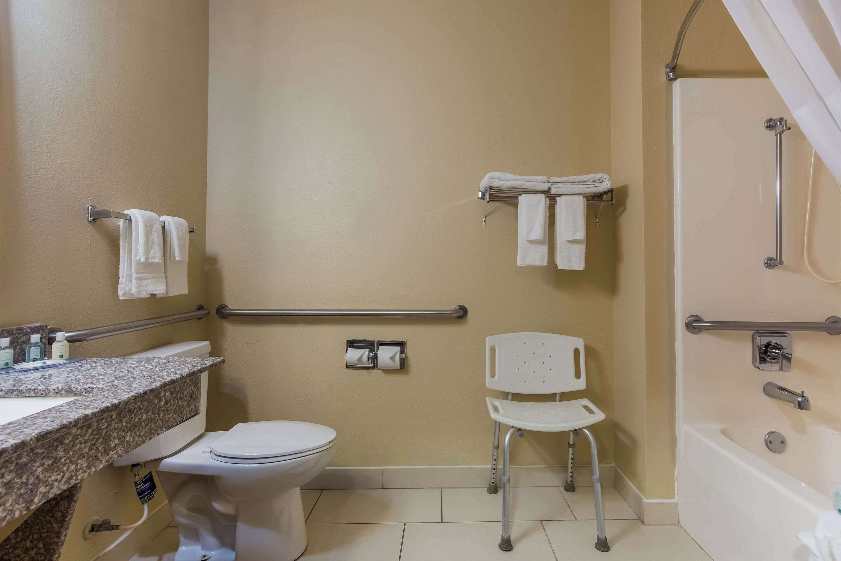 Un baño con inodoro, barras de apoyo, ducha con barra de apoyo, una silla blanca y un perchero.