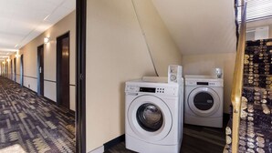 A hotel room with a carpeted hallway, two front-loading washing machines, and a patterned wall.