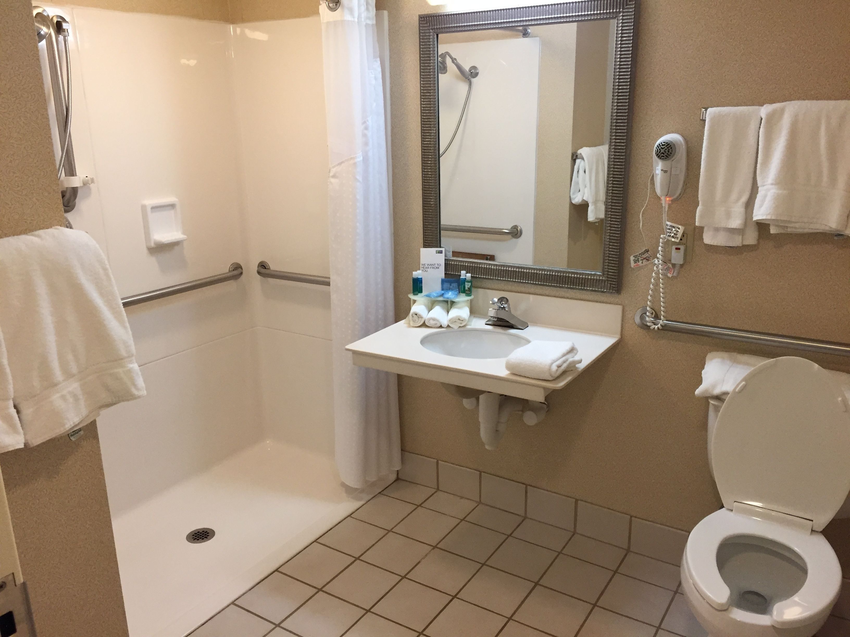 room, 2 double beds, accessible, non smoking (hearing, roll-in shower) | bathroom | combined shower/bathtub, hair dryer, towels