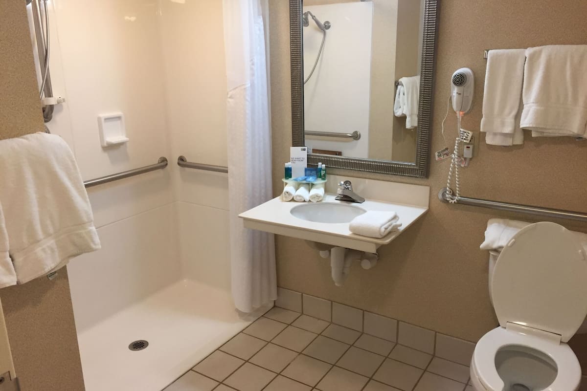 room, 2 double beds, accessible, non smoking (hearing, roll-in shower) | bathroom | combined shower/bathtub, hair dryer, towels