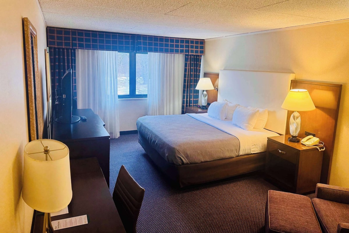 A hotel room with a bed, two bedside tables with lamps, a desk, and a chair.
