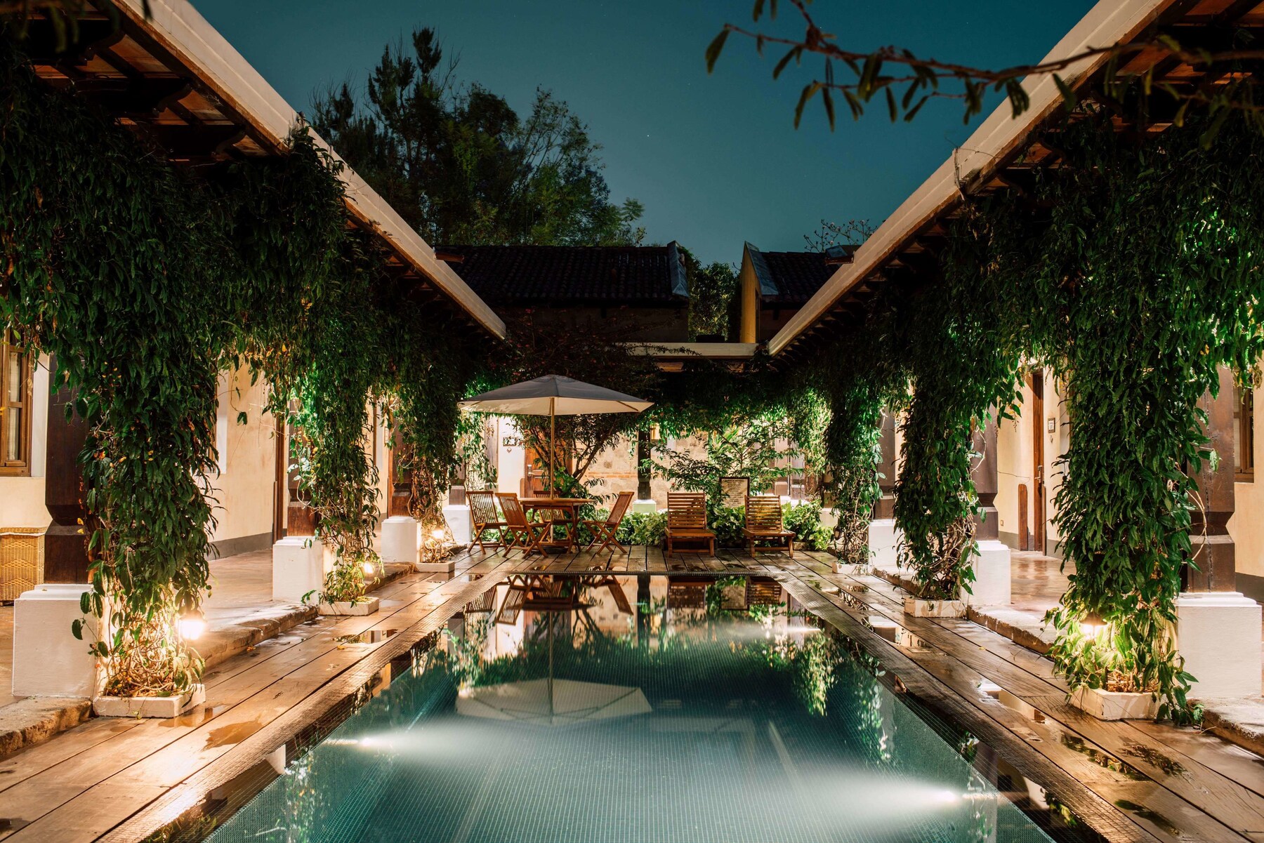 Outdoor pool, pool umbrellas, sun loungers