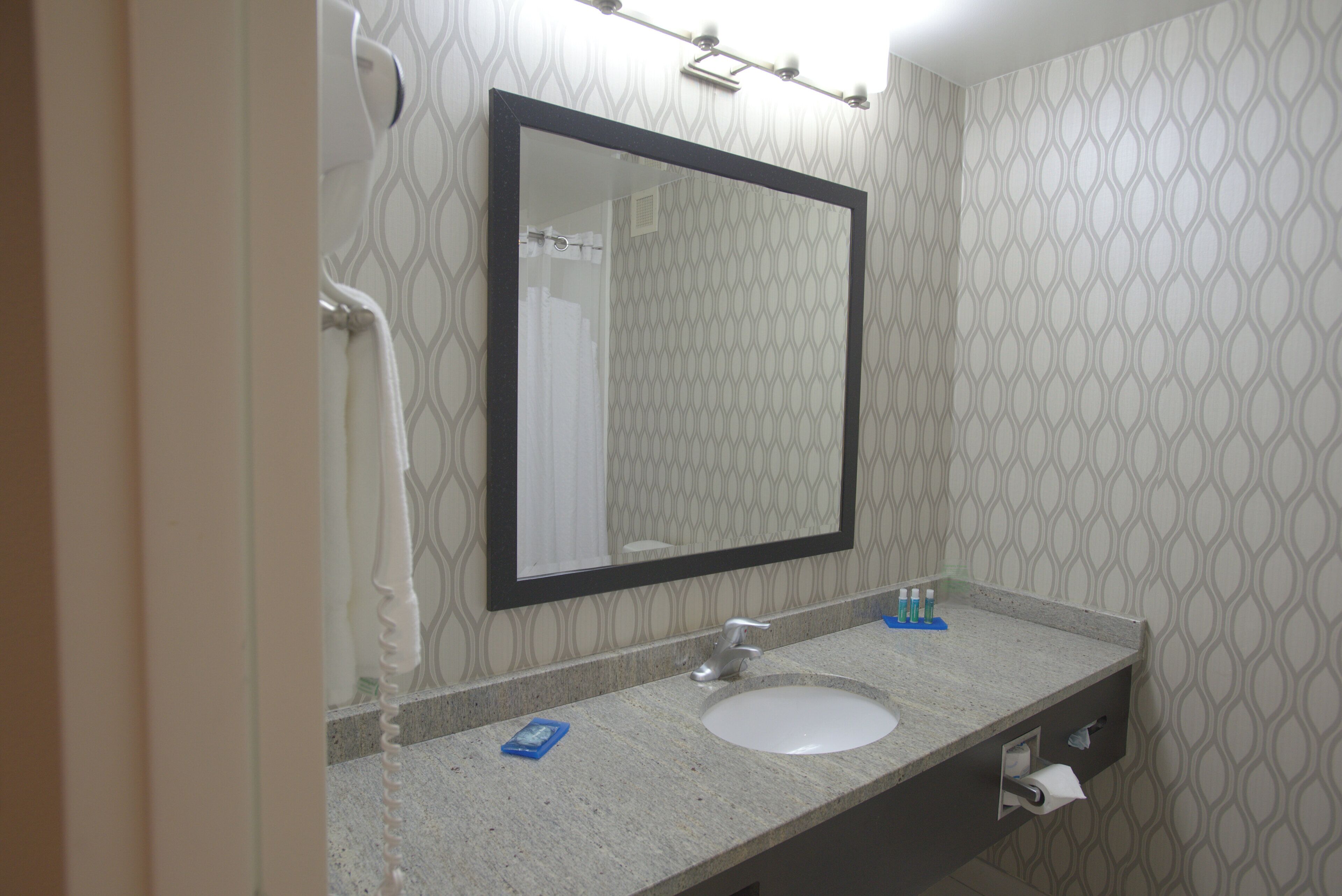 Un baño con lavamanos, espejo, toallero y papel tapiz estampado.