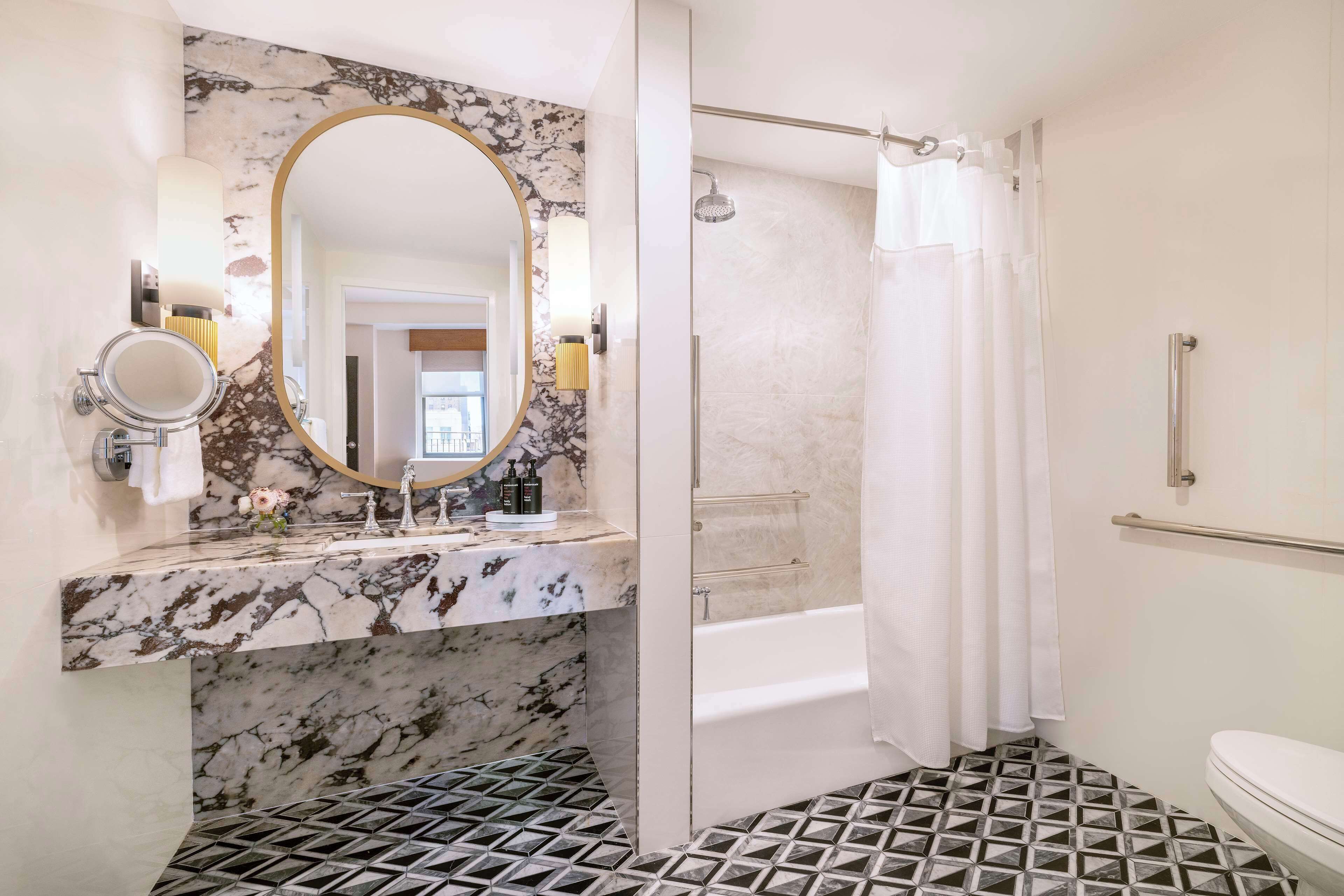 combined shower/bathtub, deep-soaking bathtub, rainfall showerhead